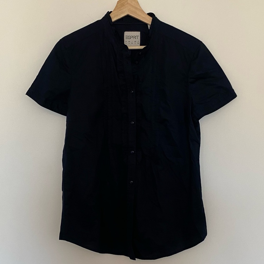Esprit Women’s Black Button-Up Short Sleeve Dress Shirt, Size Large, Cotton,